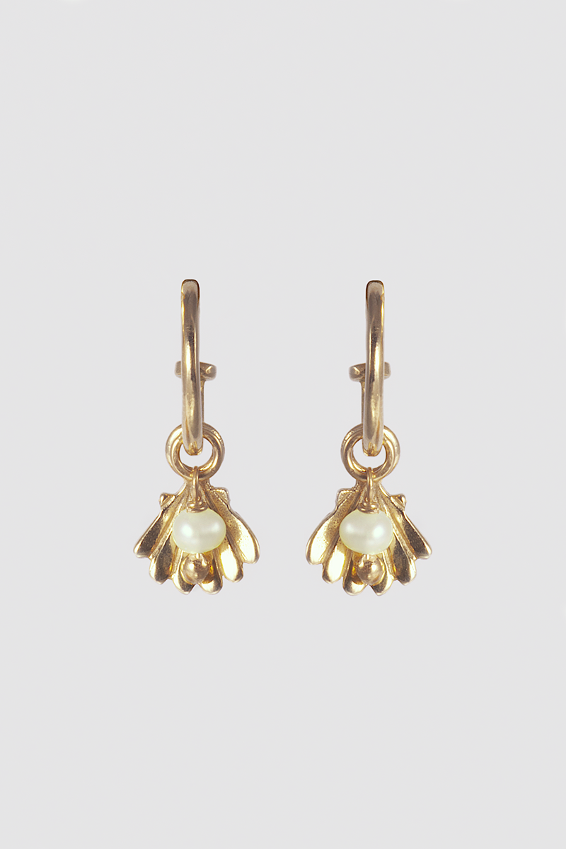 Clam shell with pearl huggies Hoops